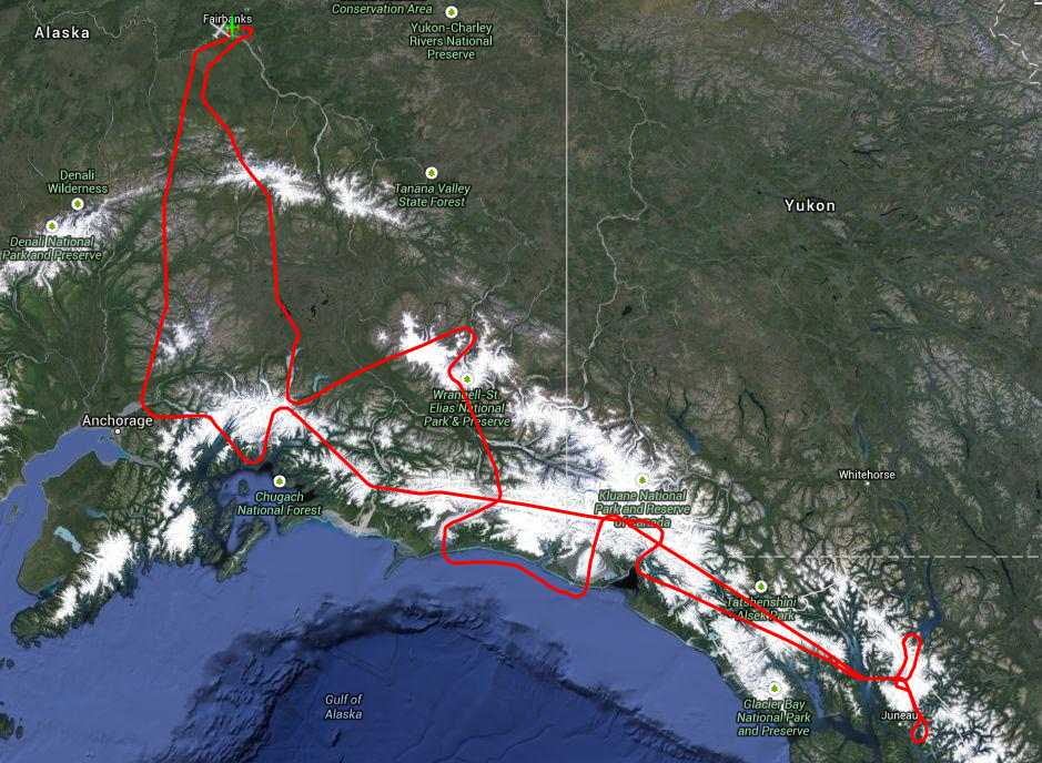 The MABEL campaign's July 24 flight route covered glaciers, ice fields, forests, the Gulf of Alaska and more. (Credit: NASA)