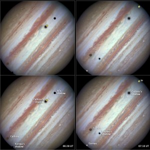 Four panel images of Jupiter showing three of its moons passing by the planet, casting shadows over its surface.