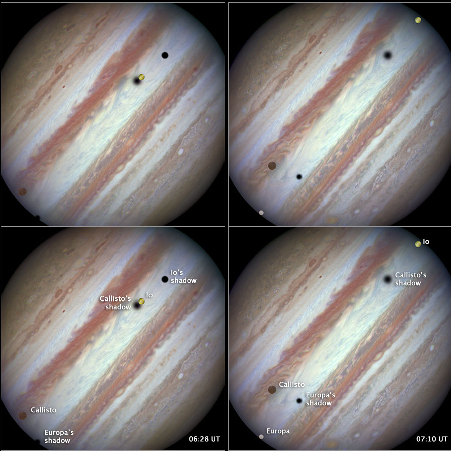 Four panel images of Jupiter showing three of its moons passing by the planet, casting shadows over its surface.