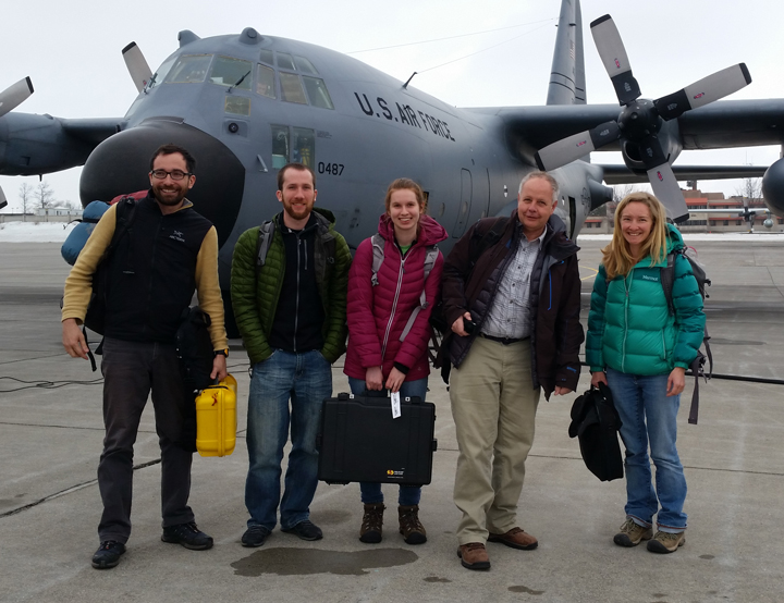 The team getting on our C-130 flight to Greenland.  From left to right: Clem, Josh, Lynn, Kip and Olivia.