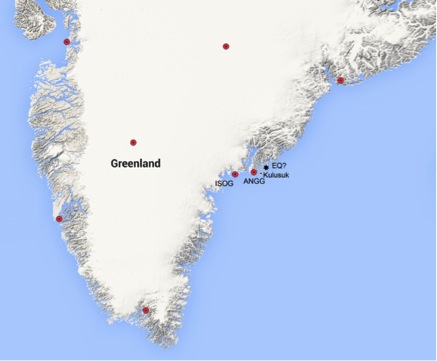A map of the Danish Seismological Network (red dots), showing the stations in the area and the black star the approximate location of the Earthquake.