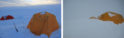 Tents before the storm (left) and snow reaching near the top of our tents after two storms (right).