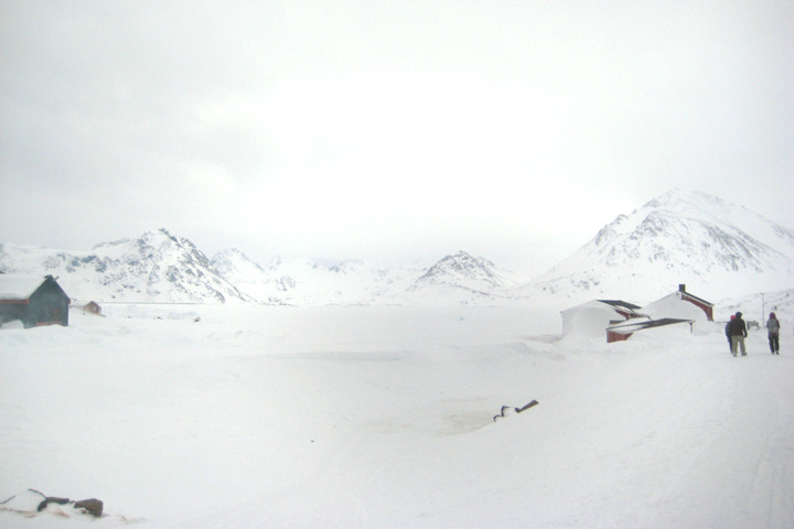 View from Kulusuk over the sea ice. The low visibility has delayed flights.
