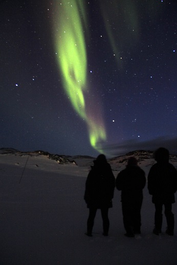 Lynn, Lora, and Olivia watching the northern lights. Photo by Clément Miège.