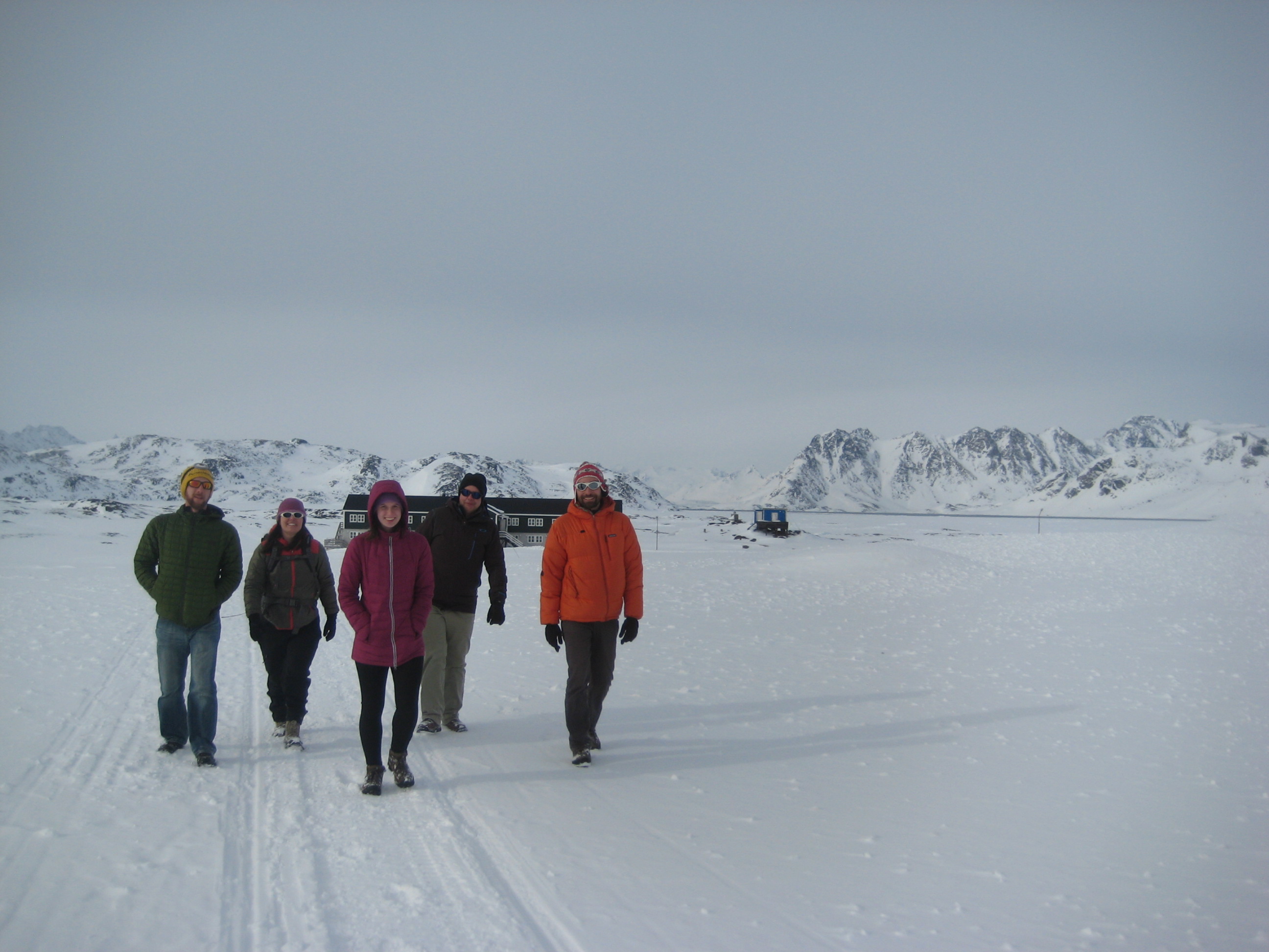 The team on a walk to the airport to organize gear.