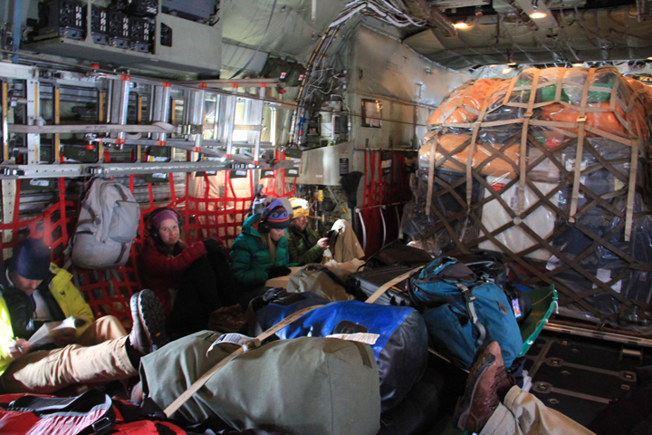 C130 Flight to Kulusuk.  From left to right: Joe, Lynn, Olivia, and Josh.