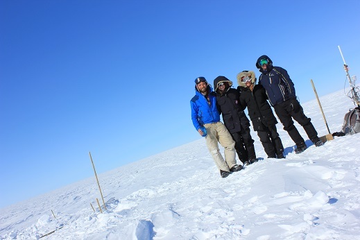 The slope of the ice sheet was crazy! Or we just took a very crooked picture. From left to right: Clem, Lynn, Olivia, and Anatoly.