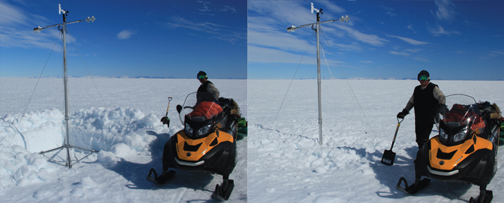 Anatoly posing next to the iWS from the University of Utrecht before and after backfilling the 2-feet deep snow pit.