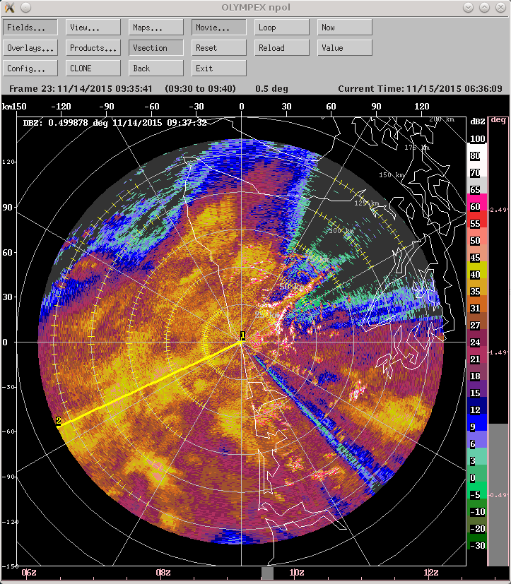Example 360-degree low-level scan from NPOL, showing widespread precipitation