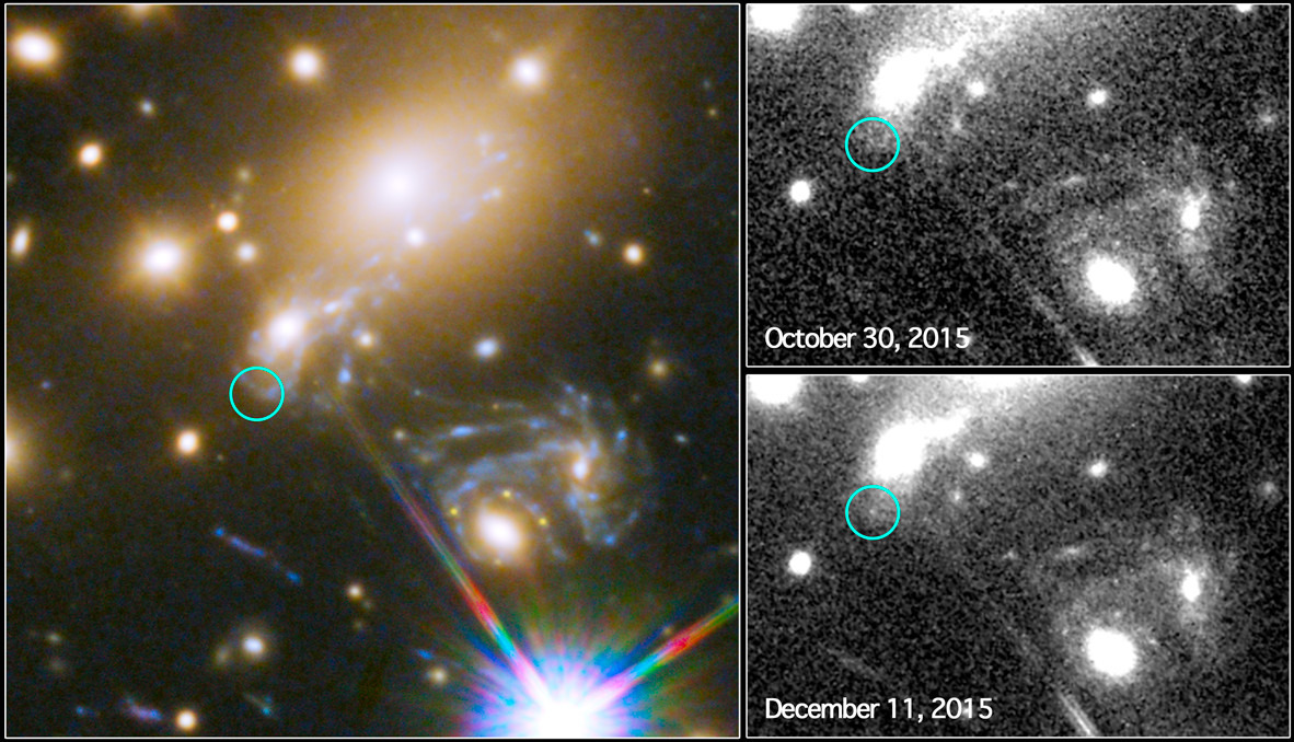 Three images: One fills the left half of the image. It holds a closer view of the gravitationally lensed galaxy and the supernova. The two images on the right are black and white. The top one