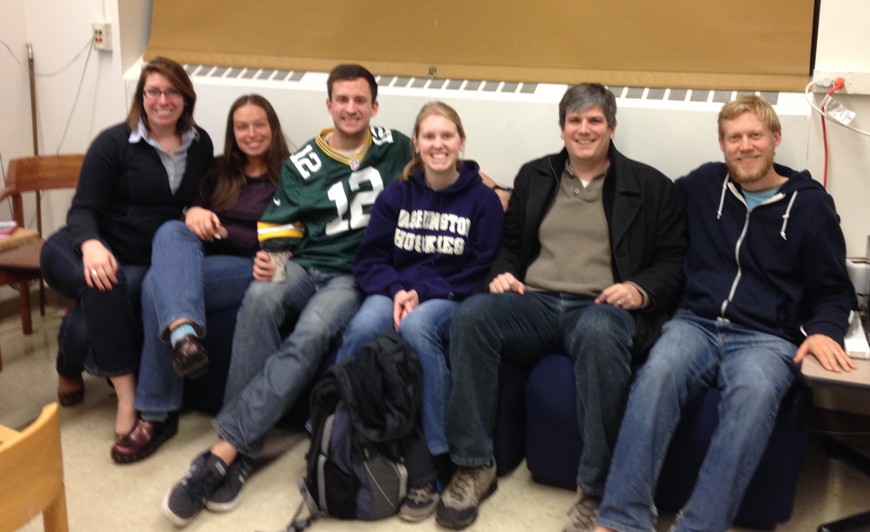 The OLYMPEX forecast team. From left: Sarah Bang, Leah Campbell, Nick Weber, Jen DeHart, Luke Madaus and Joe Zagrodnik. Not pictured: Peter Veals and Trey Alvey.