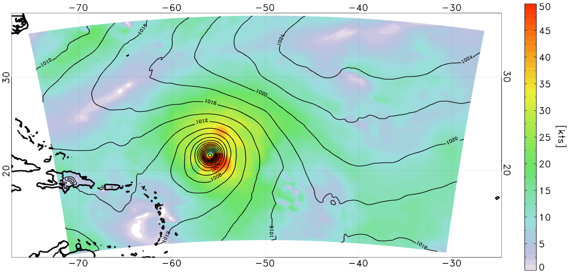 Analysis of the surface wind (shaded) and surface pressure (lines) on August 5 at 0000 UTC. The data assimilation method was a 3-D variational analysis scheme used by NCEP called GSI. This includes all available CYGNSS data within +/- 3 hours of the analysis time.