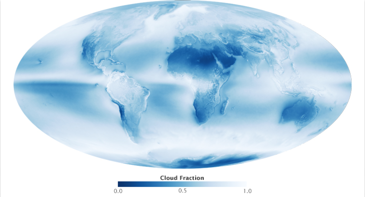 map shows an average of all of the satellite’s cloud observations between July 2002 and April 2015. Colors range from dark blue (no clouds) to light blue (some clouds) to white (frequent clouds). NASA Earth Observatory images by Jesse Allen and Kevin Ward, using data provided by the MODIS Atmosphere Science Team, NASA Goddard Space Flight Center.