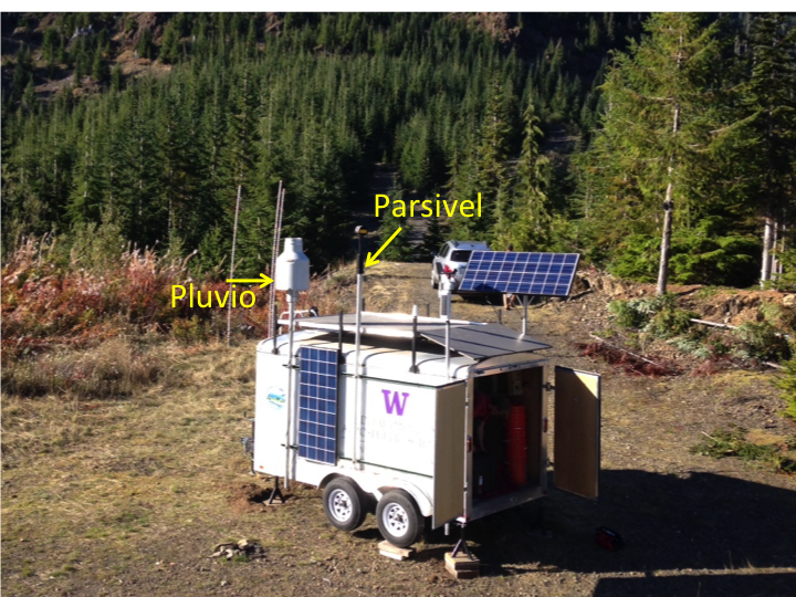 Instrumented trailer installed on the southern side of the Olympic Mountains. The Pluvio and Parsivel are mounted high on the trailer to keep them above the accumulating snowpack.
