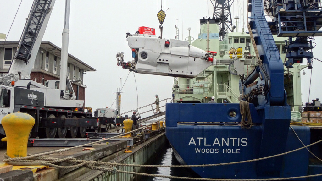 The research vessel Atlantis in port during the off-load of the submersible Alvin as the ship prepares for its second NAAMES field campaign. Credit: Dick Pittenger/WHOI
