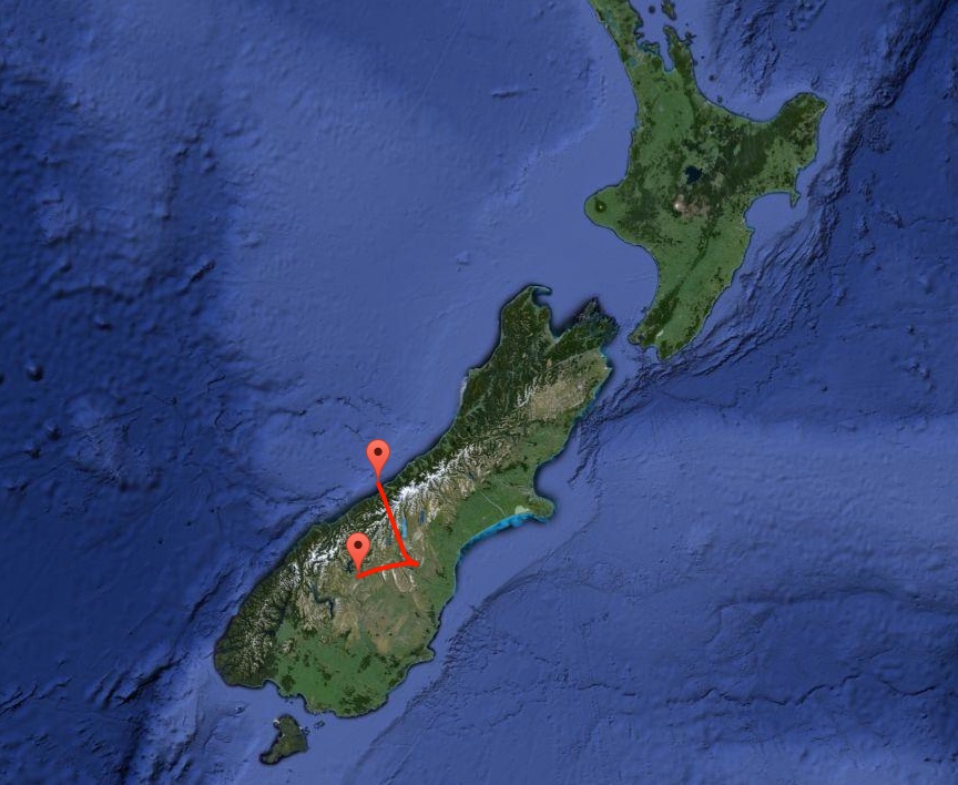 Google Earth view of New Zealand showing the track for the super pressure balloon over the southern island.