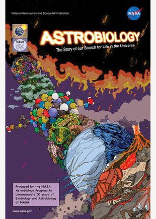 graphic novel cover with illustration of helix-like components of astrobiology