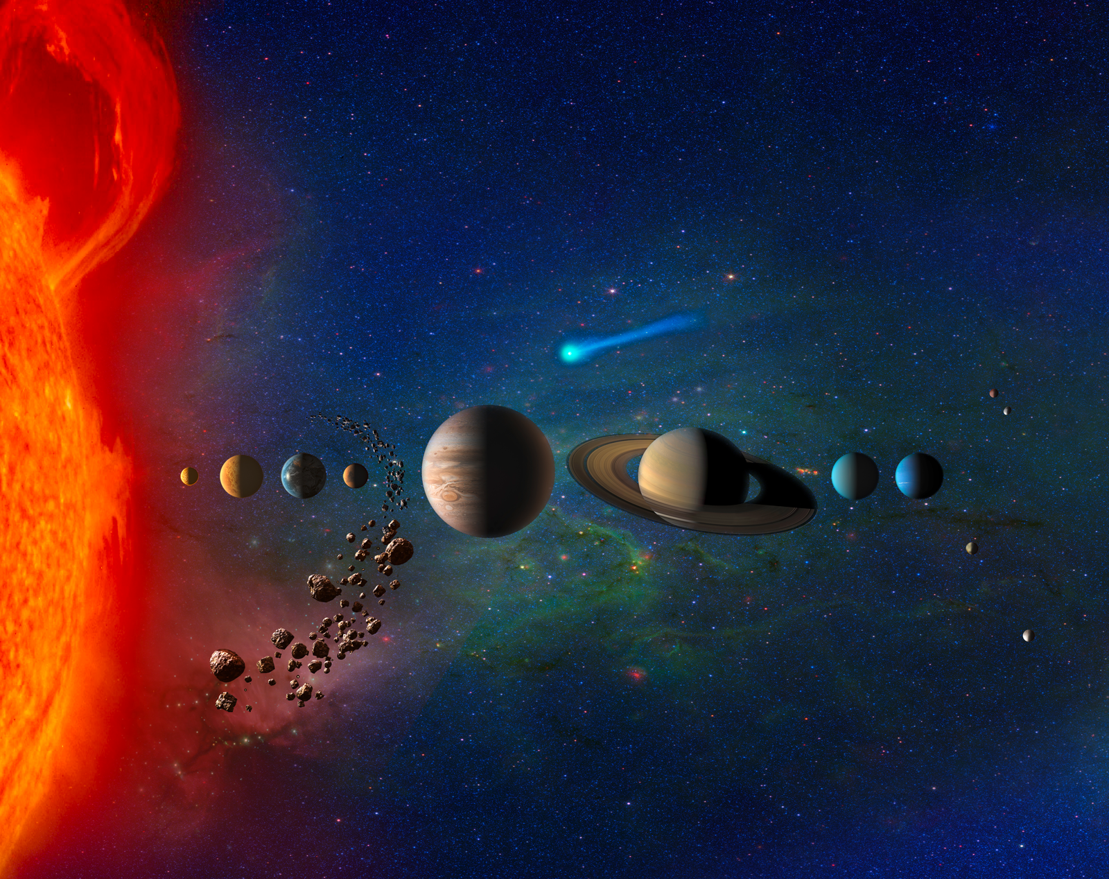 Artist's rendering of the planets in our solar system, with the Sun at left.