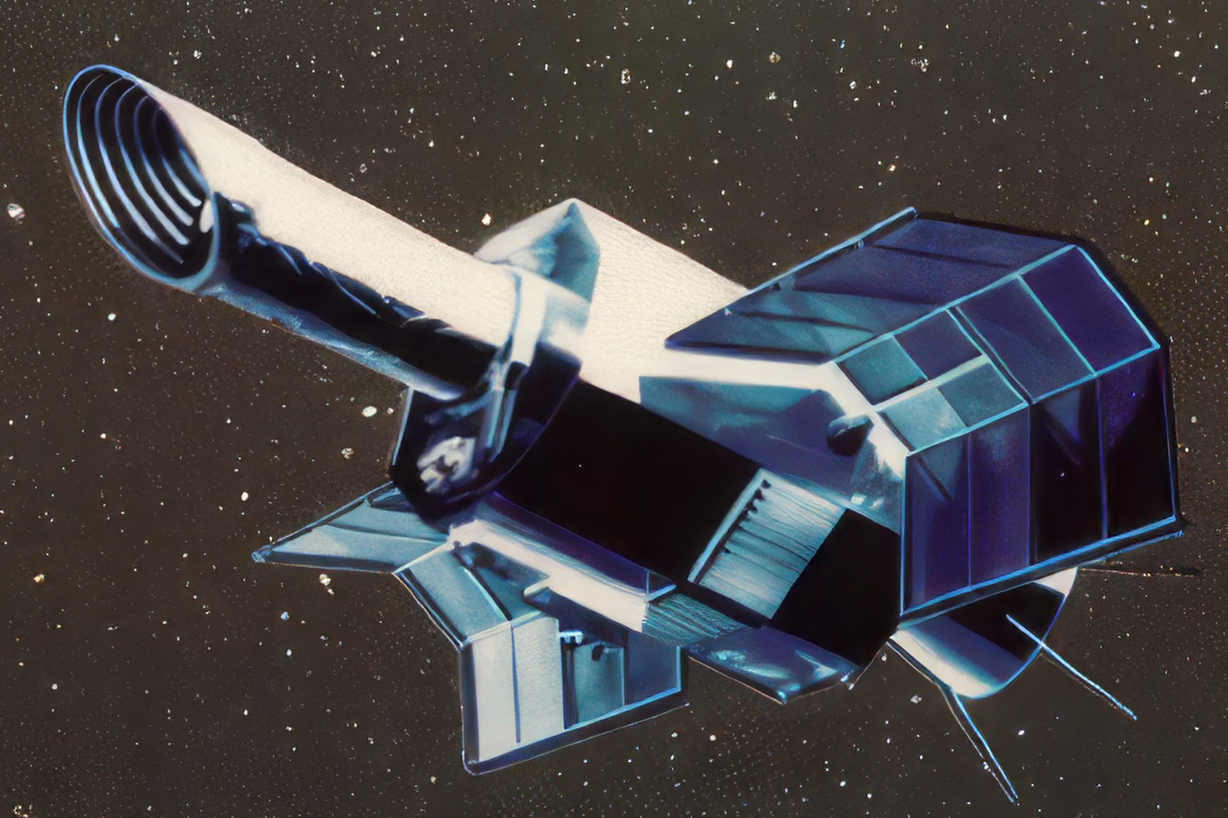 The IUE spacecraft in orbit above Earth.