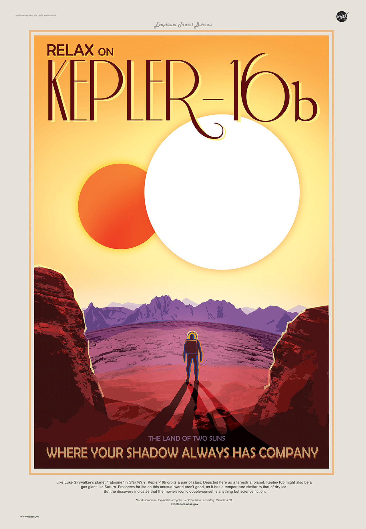 A retro looking travel poster for the exoplanet Kepler-16b shows a human standing on a rocky world with two suns large in the foreground. There is a larger white-yellowish sun, with a smaller orang sun. The person, seen from behind, has two criss-crossing shadows between an outcropping of rocks, reminiscent of the American Southwest. Like Luke Skywalker's planet "Tatooine" in Star Wars, Kepler-16b orbits a pair of stars. Kepler-16b is a gas giant, like Saturn, so it would have no solid surface to stand on. The view here is of and from an imagined nearby moon. Prospects for life on this unusual world aren't good, as it has a temperature similar to that of dry ice.