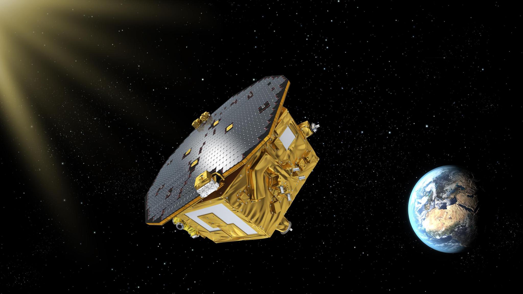 Illustration of a gold and silver spacecraft orbiting Earth