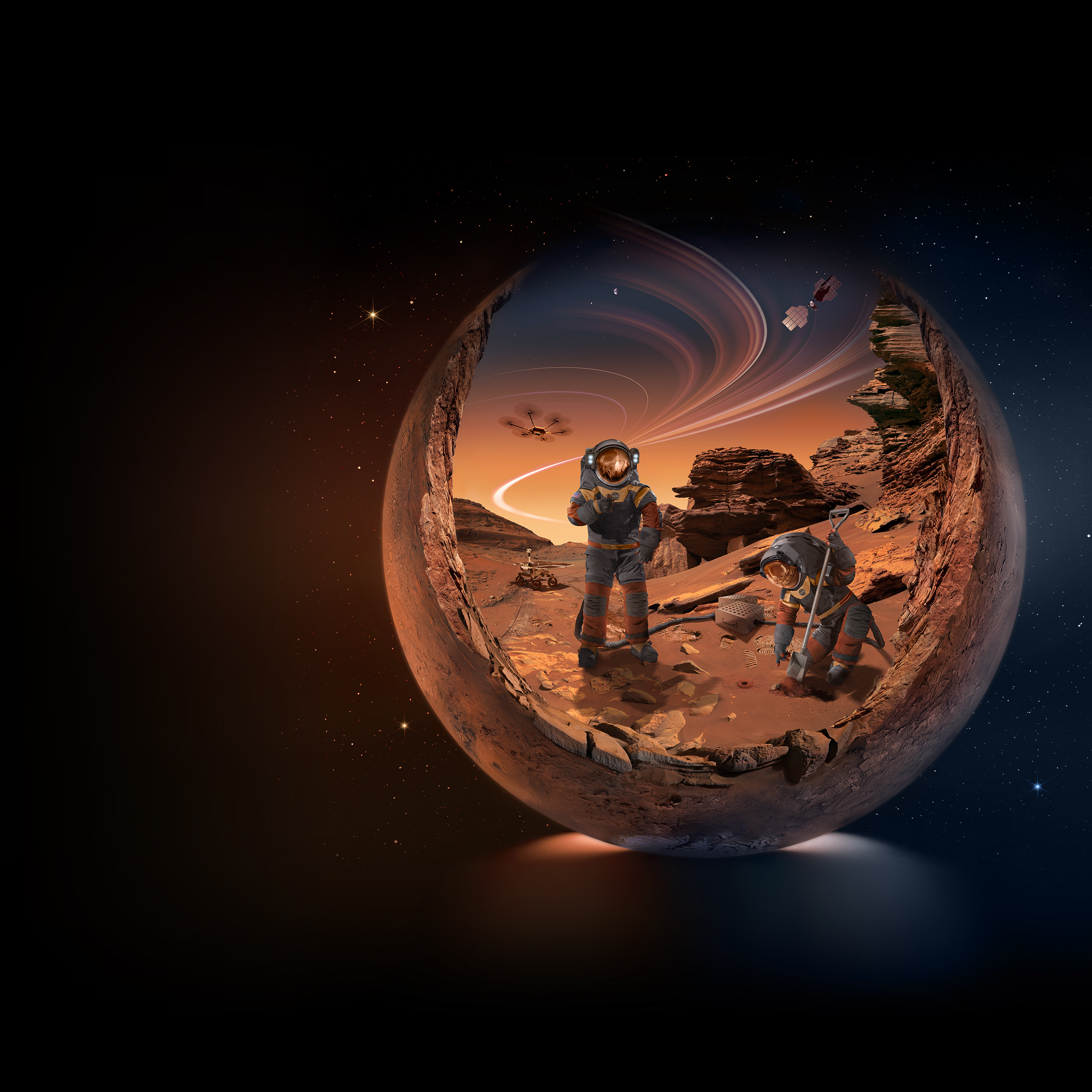 An artist’s concept – composed of rusty browns, reds, and dusky purples – depicting two Artemis astronauts collecting rock samples on Mars. The scene is surrounded by a spherical frame, which resembles the planet Mars on the outside, and forms the rocky cliffs of the Jezero Delta formation on the inside. The landscape is composited with real images captured by NASA’s Perseverance Rover in June of 2022. In the right foreground an astronaut kneels, using a shovel to dig up soil samples. On left, the other astronaut stands, holding a rock sample in their left hand. The Artemis 1 launch can be seen reflected in the helmets visor. Behind them at left, a rover explores the surrounding area, leaving tracks in the sand. In the sky, a trajectory leads upward, curving around from right to left, then dividing into various paths at top. These paths represent the many past and future missions to visit the red planet. A futuristic Mars helicopter drone hovers in the sky on the left, and a satellite passes over in the upper right. The spherical scene is surrounded by space and stars.
