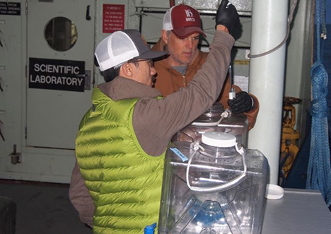 C. Carlson and N. Huynh setting up microbial growth experiment.  Photo: Stuart Halewood. 