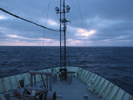 Bow mast which is used to mount the 3-D sonic anemometer, accelerometer, and gas inlet leading to the mass spectrometer. Photo: Thomas Bell