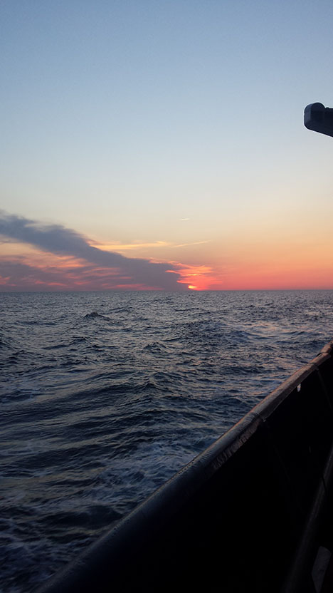 Sunset onboard the RV Atlantis after departure from WHOI, Photo:Kristina Mojica