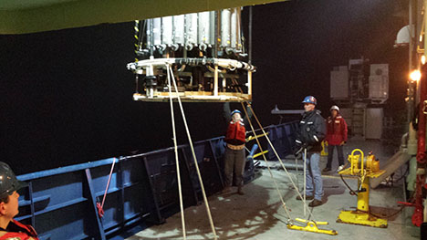 The first CTD cast of NAAMES-II being guided into the water by our fearless leader Mike Behrenfeld