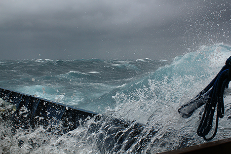 A wave splashing on deck of the RV Atlantis during 'the blow'. Photo: : Cleo Davie-Martin  