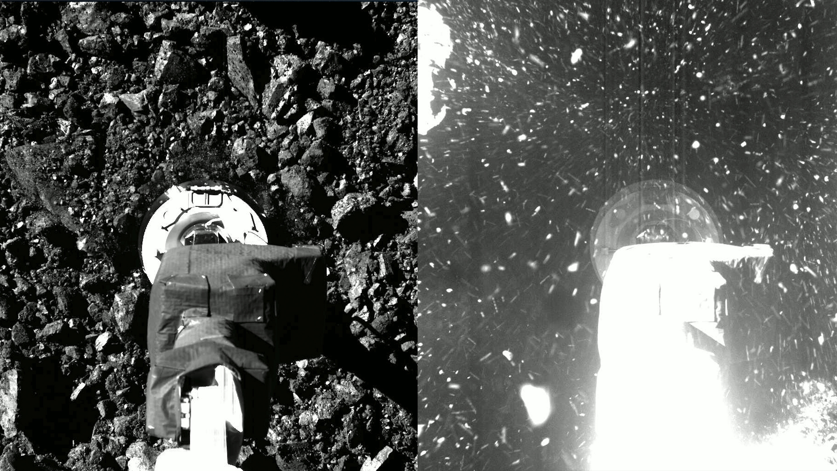 Side-by-side black-and-white stills of the OSIRIS-REx sample arm nearing and then stirring up regolith as it touches the asteroid Bennu