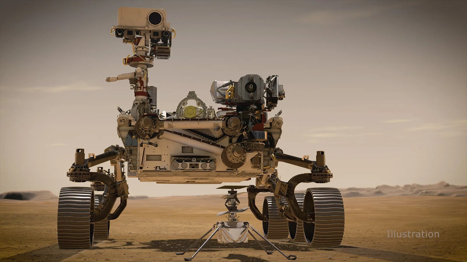A rover sits on a sandy surface, with another smaller spacecraft in front.