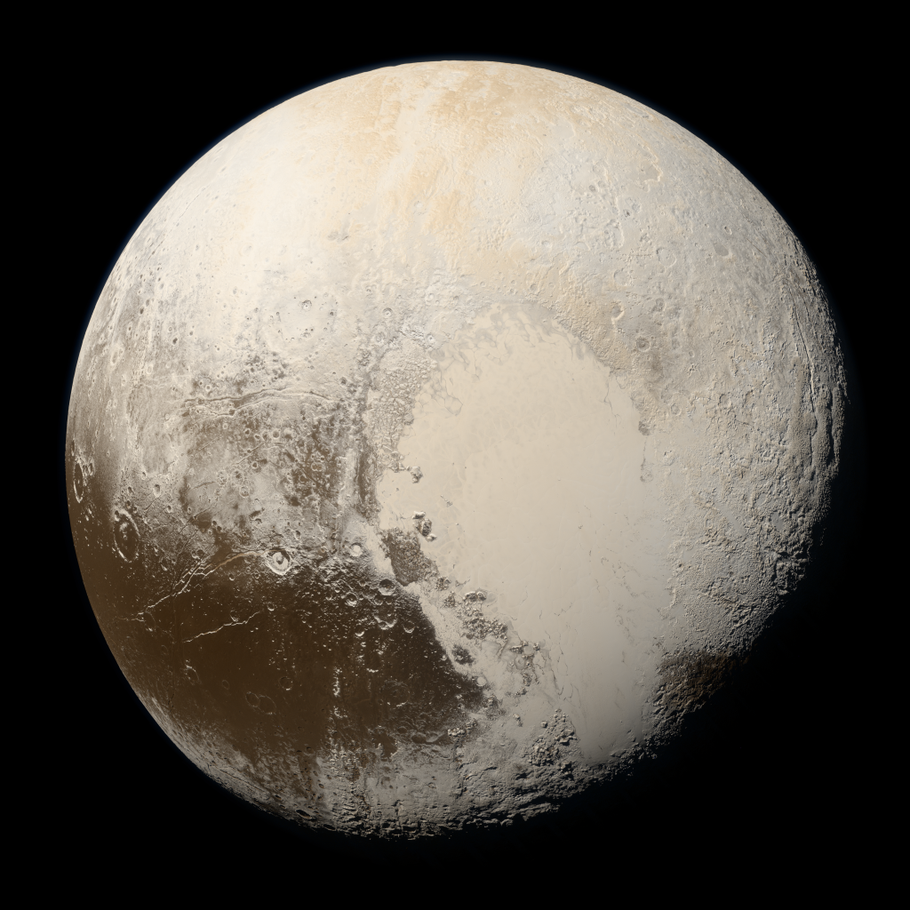 Pluto appears as a light tan, muddy colored planet, with a dark area on the lower left front.