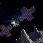 Artistic image of Psyche spacecraft with outstretched solar panels over asteroid