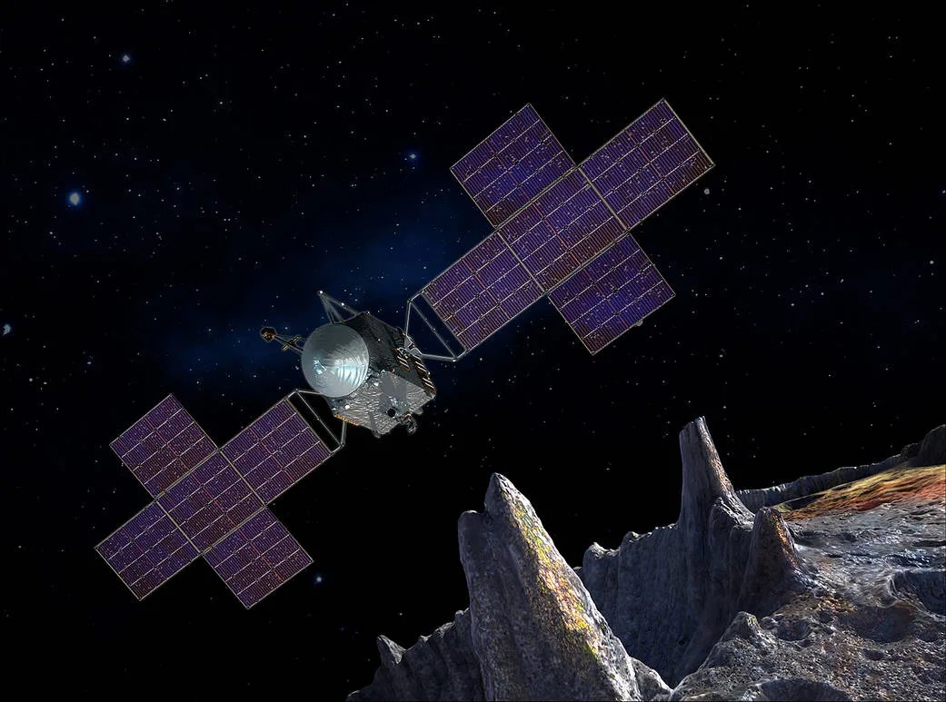 Illustration of the Psyche spacecraft with outstretched solar panels over asteroid Psyche