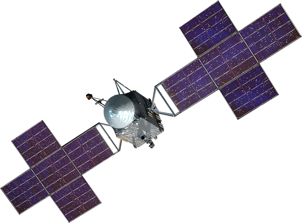 Illustration of the Psyche spacecraft with outstretched solar panels.