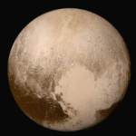 This full disc view of Pluto features bright region that looks like a heart on the side of the dwarf planet.