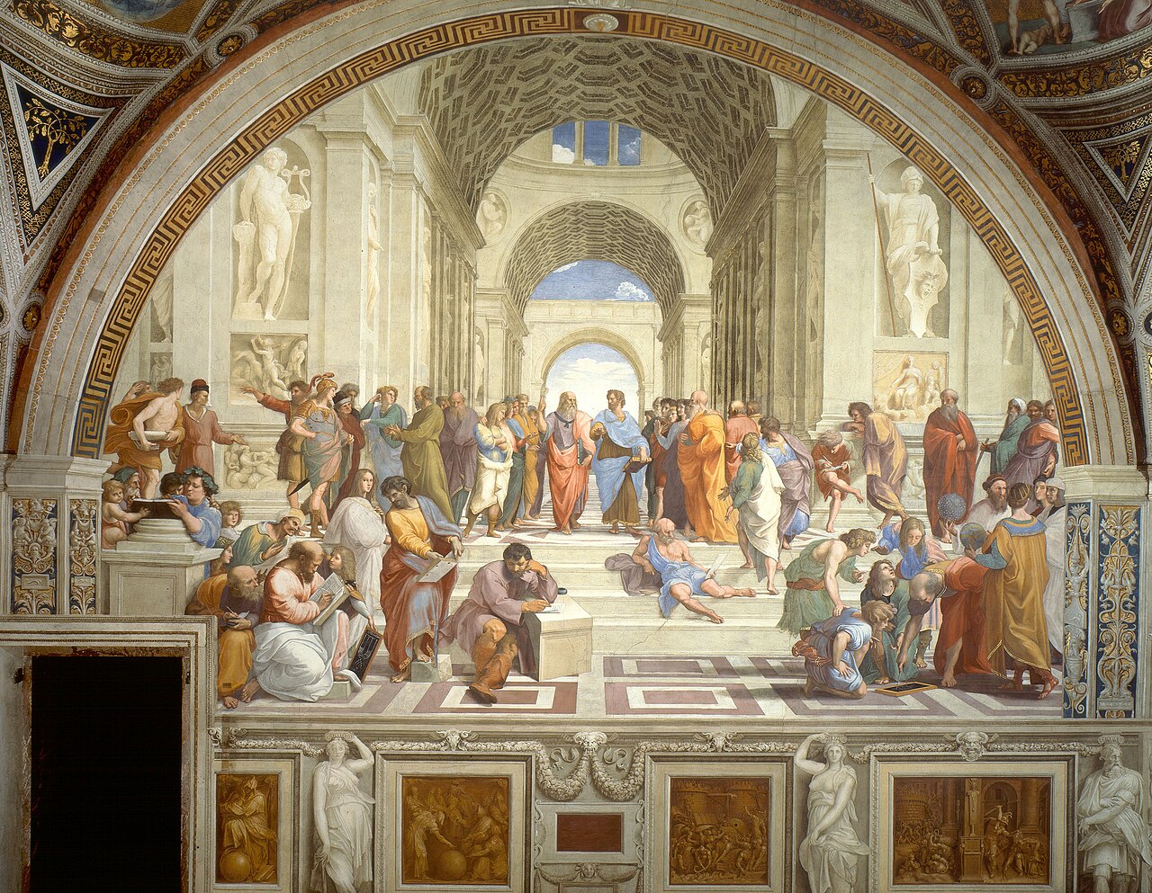 A large Renaissance-era painting depicts dozens of individuals clad in long robes of different colors, conferring in small groups, in a large marbe hall, beneath a domed ceiling and amid marble statues.