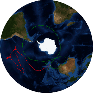 The groundtrack of NASA's Super Pressure Balloon is pictured here. The green track represents the first mid-latitude circumnavigation and the red represents the current track. The balloon is flying over the Pacific Ocean nearing the west coast of South America.
