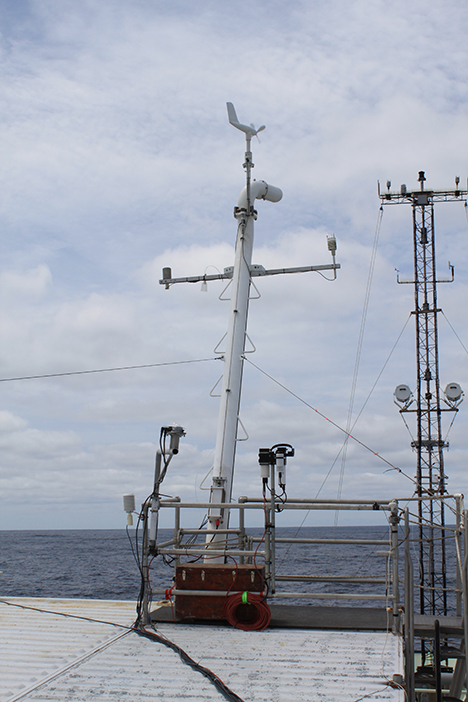 Our aerosol inlet at the top of one of our lab-vans. Our inlet is aerodynamically designed and has a computer controlled motor to keep the inlet pointed into the wind so the large particles do not impact on the side of the inlet.