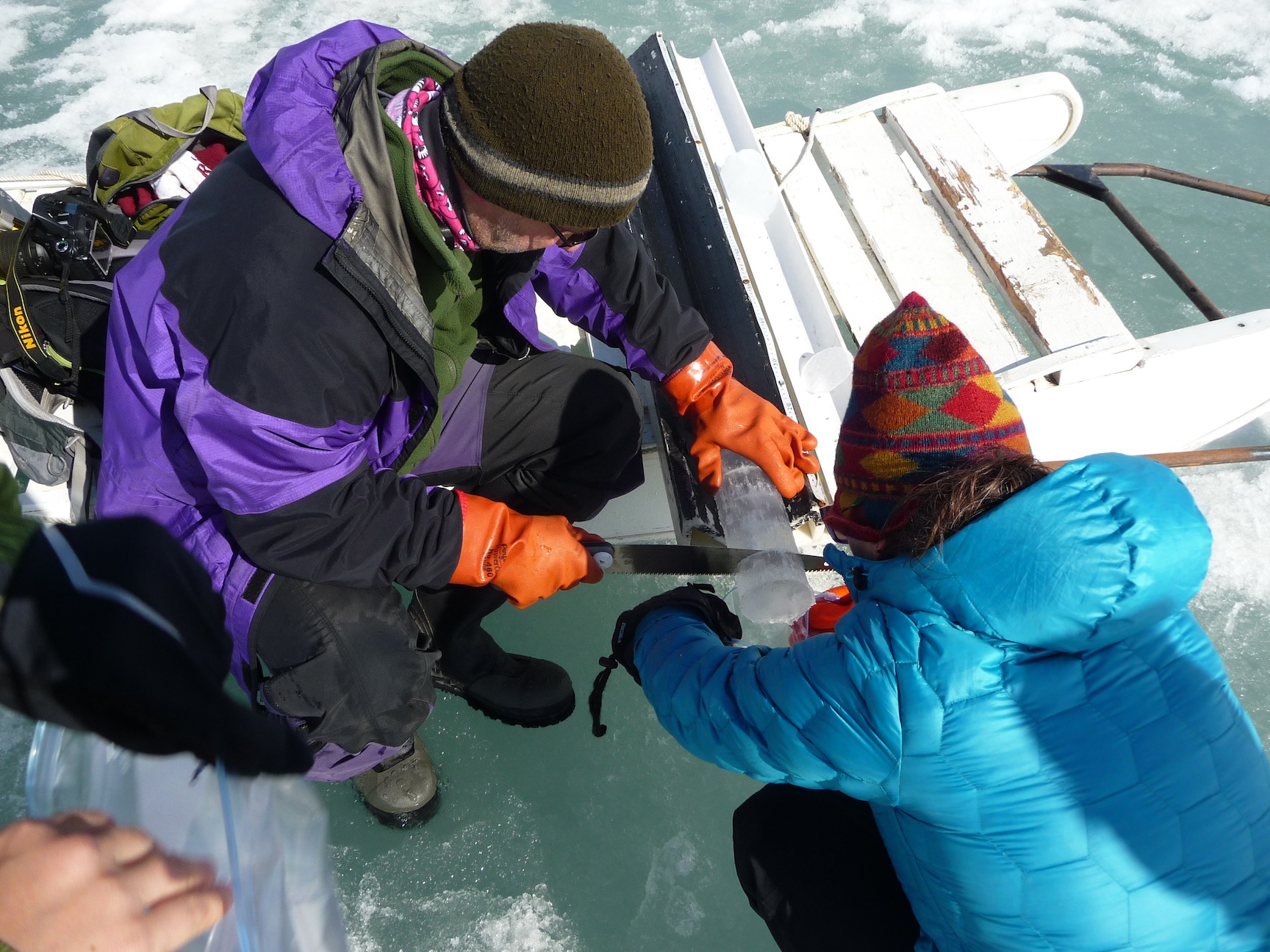 Slicing a sea ice core.