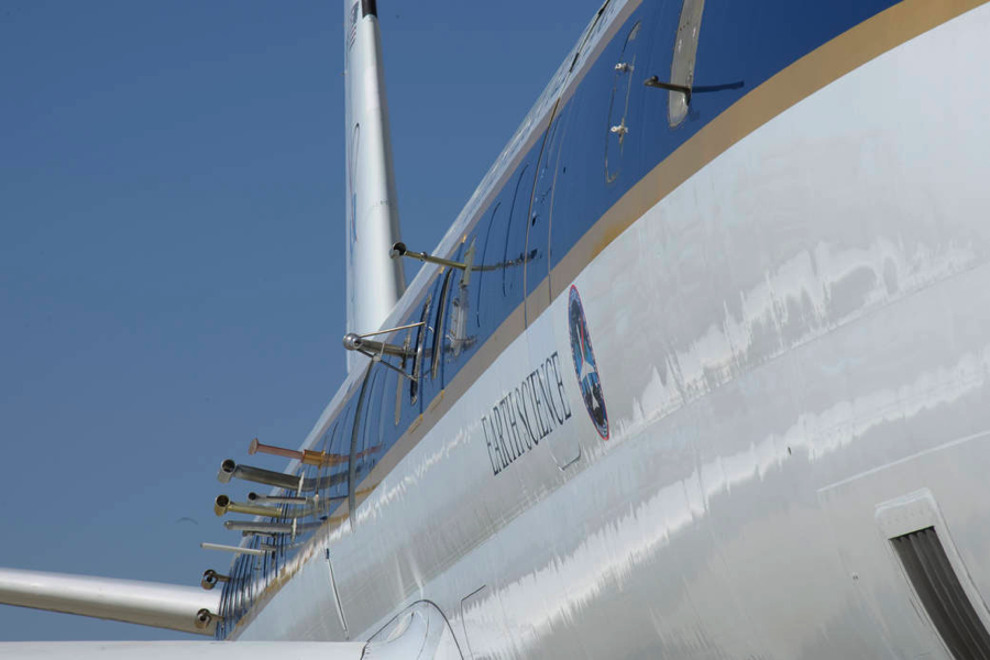 Instrument inlets (where air is pulled into the instruments inside for sampling) on the NASA DC-8. Ours is the curvy one third from the right. (Credit: NASA Armstrong)