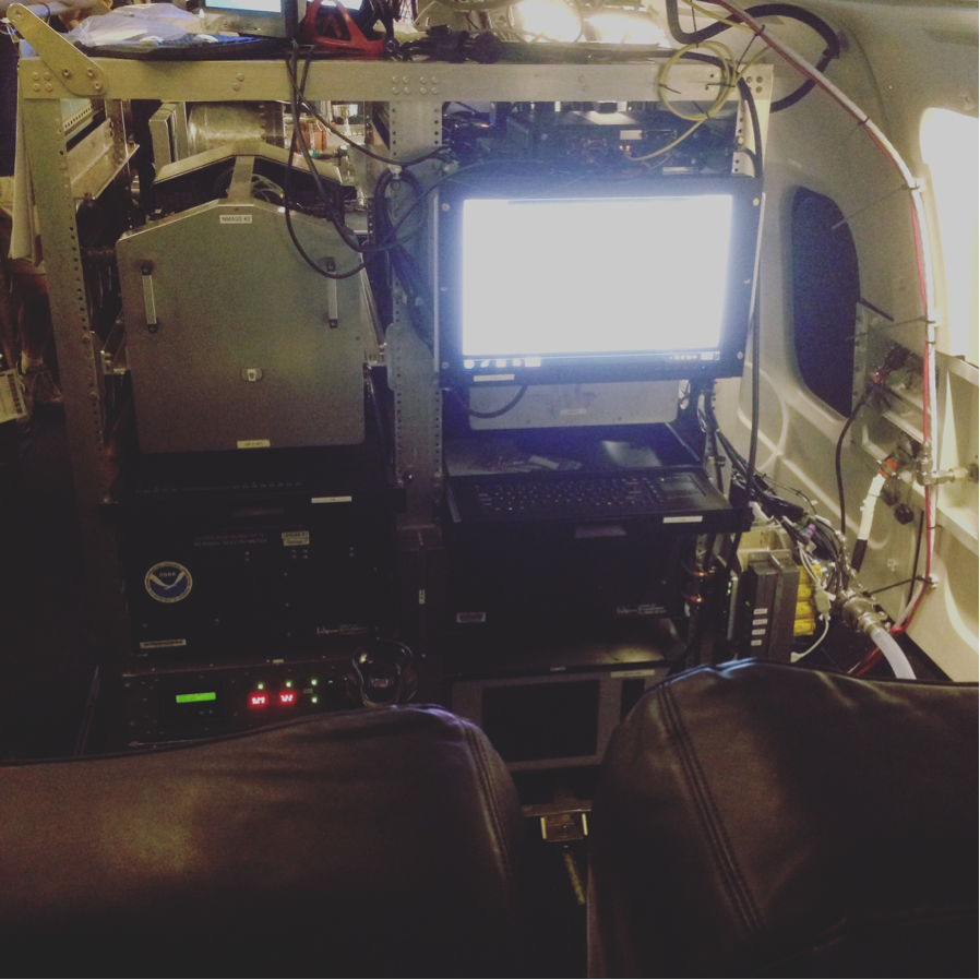 The AMP (aerosol microphysical processes) rack installed on the DC8. We run all 5 instruments from this monitor, and check the data as it comes in during the flights. (Credit: Christina Williamson)
