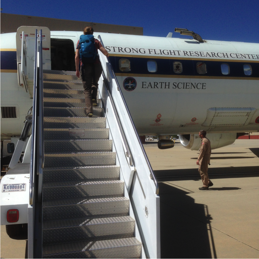 Christina Williamson (i.e. me), research scientist with CIRES/NOAA boarding the DC-8 for our first test flight at NASA Armstrong. (Credit: Agnieszka Kupc)