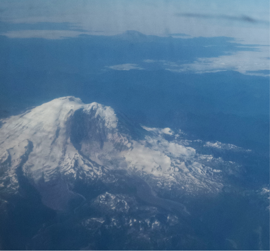 Mount Rainer viewed from the DC8 flying from Palmdale CA to Anchorage AK (Credit: Christina Williamson).