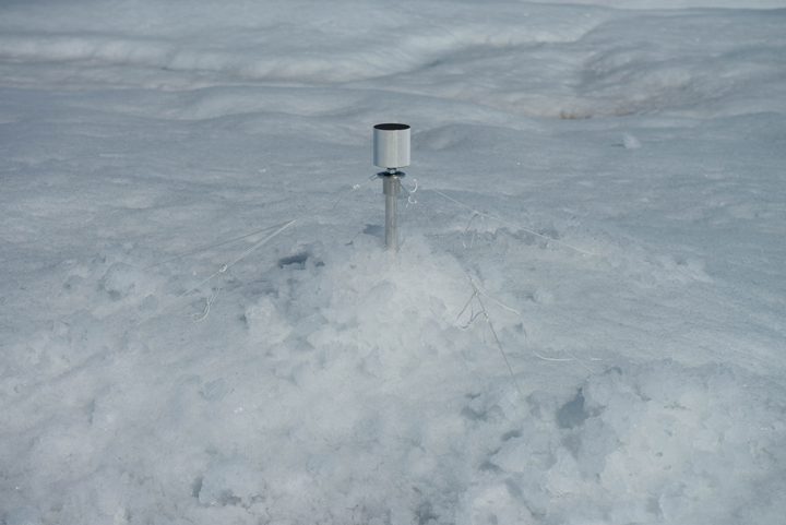This is one of our LiDAR reflectors. We also use a differential GPS to survey the precise location of each of these LiDAR reflectors. We started all of our LiDAR scans and GPS surveys at 3 am each morning to minimize movement of the LiDAR and the GPS due to melt. (Photo by: Charlie Kershner).