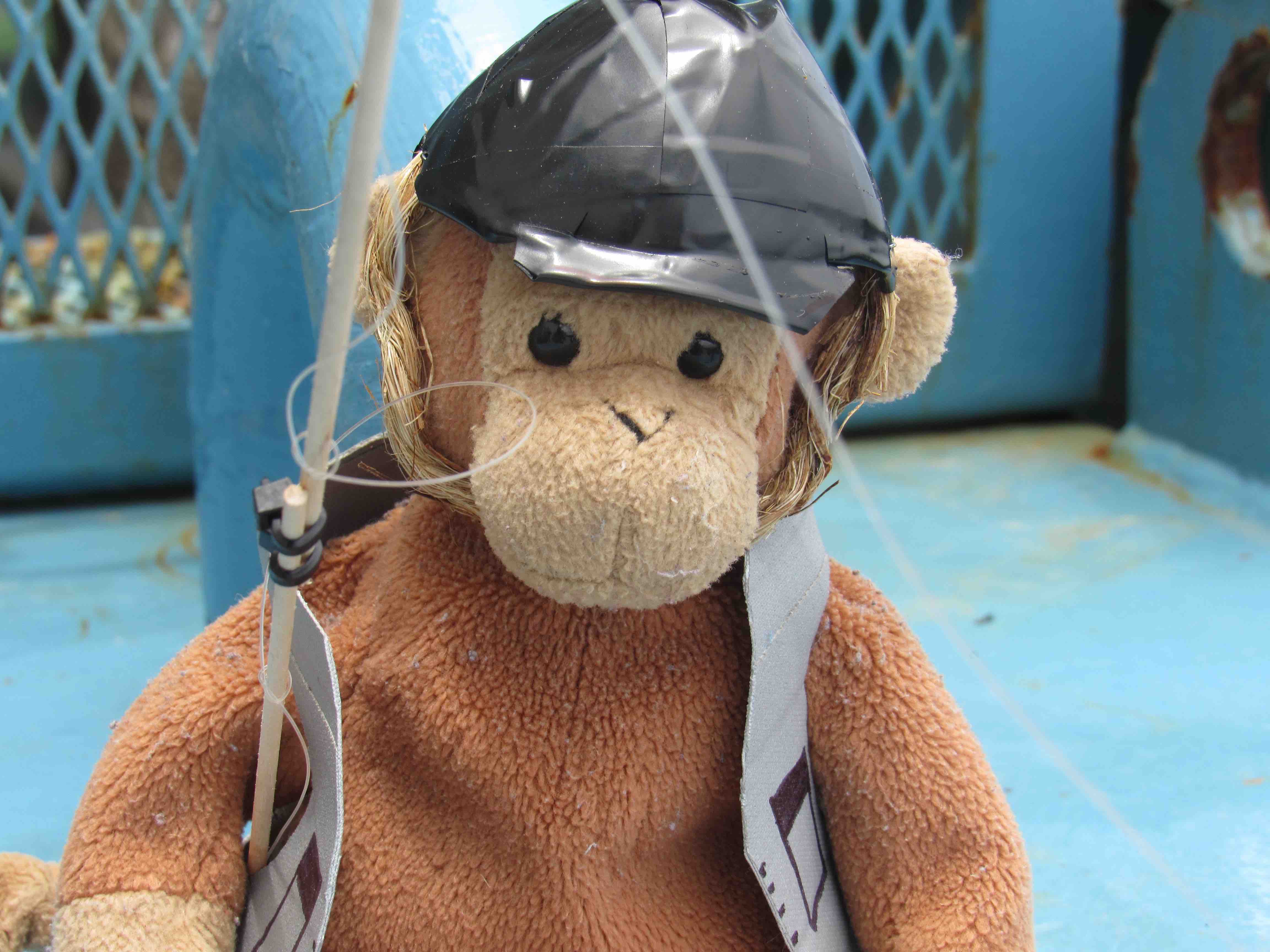 Monkey geared up for fishing.