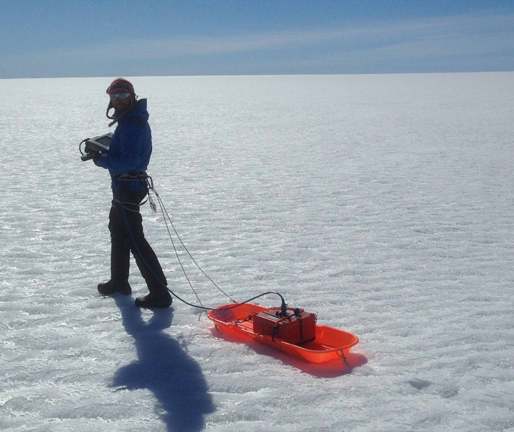 Initial GPR measurements by foot to check the presence of water and its depth. Later on we used a snowmobile to tow the radar.
