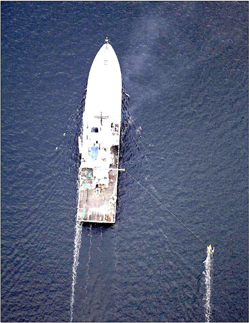 How the Surface Salinity Profiler runs outboard the ship -- photo taken from the Lighter-Than-Air InfraRed System balloon camera.